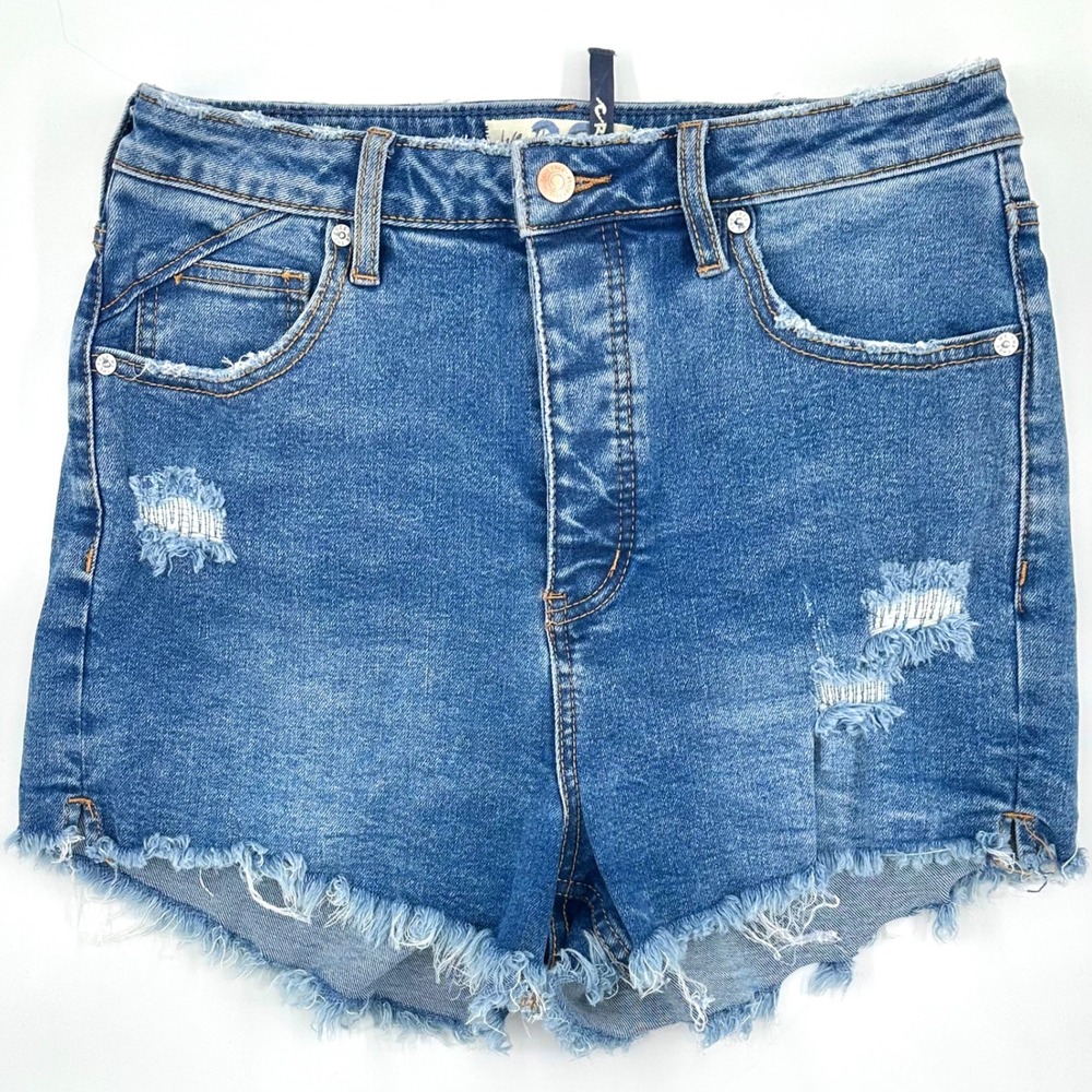 WE THE FREE PEOPLE CRVY Vintage High Rise Denim Jean Shorts 29 Raw Hem Stretch